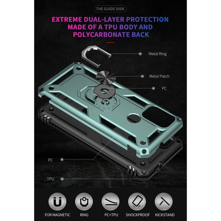 Teal rugged protective phone case with metal-look ring kickstand and textured bumper panels