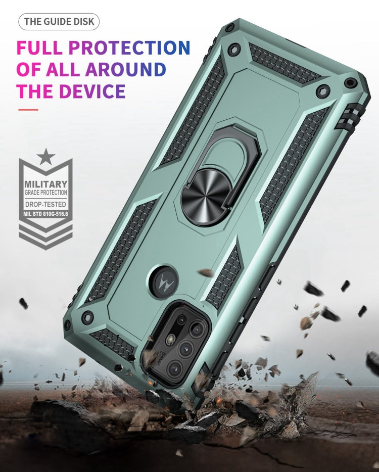 Teal rugged phone case with dual-layer bumper design, kickstand ring, and camera openings