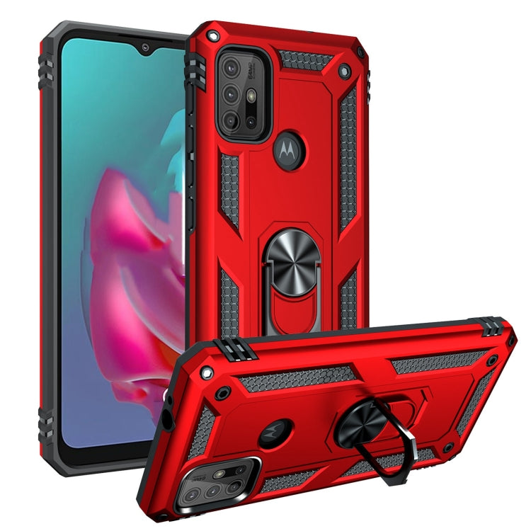 Rugged red protective phone case with raised edges, dual camera cutout, and kickstand ring