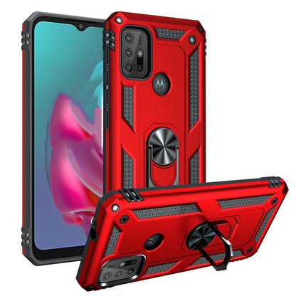 Rugged red protective phone case with raised edges, dual camera cutout, and kickstand ring