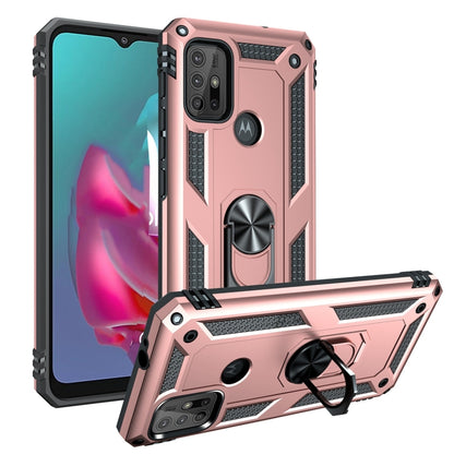 Rugged rose pink protective phone case with raised edges, dual camera cutout, and kickstand ring