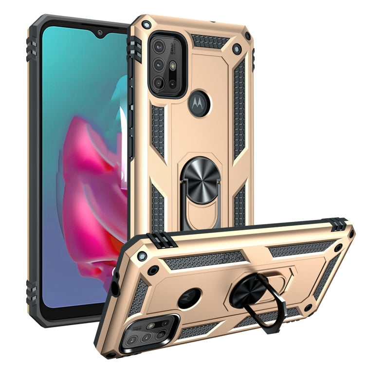 Rugged beige protective phone case with raised edges, dual camera cutout, and kickstand ring