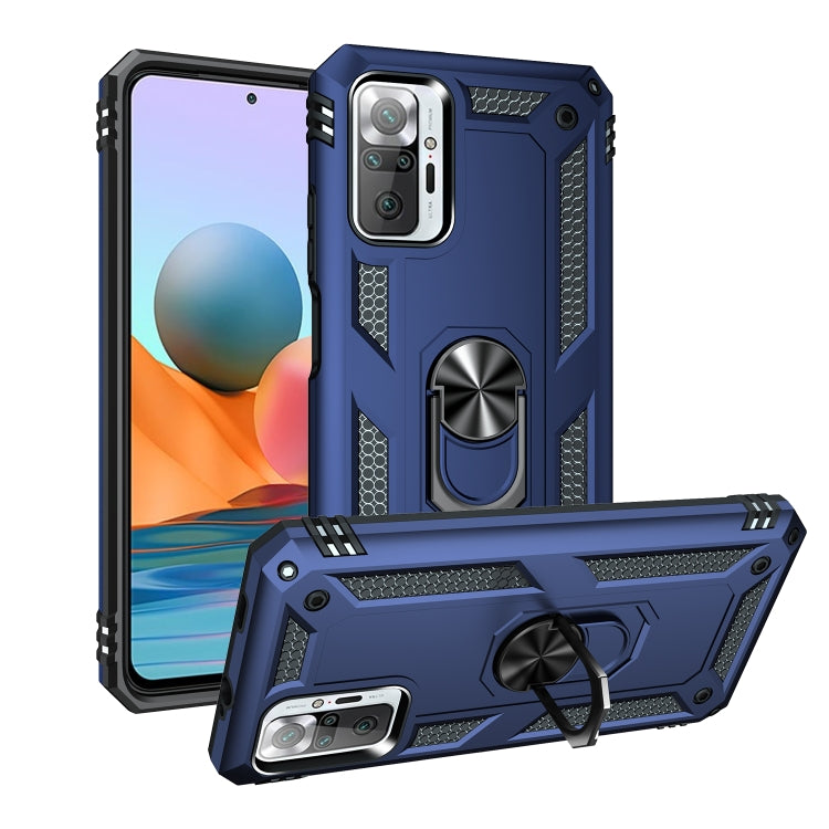 Blue shockproof TPU phone case with 360 rotating holder, rugged dual-layer design