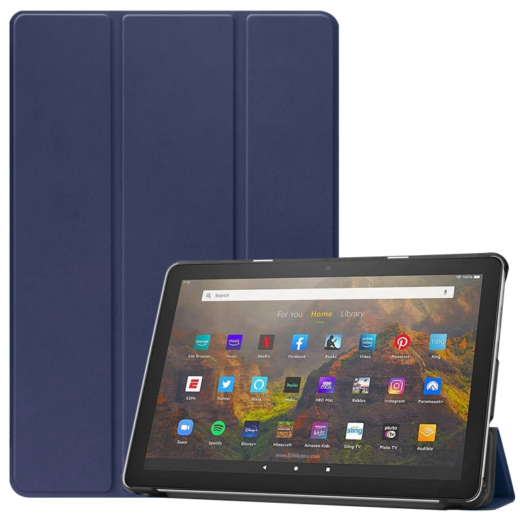 Dark blue three-fold flip leather case with tablet front view