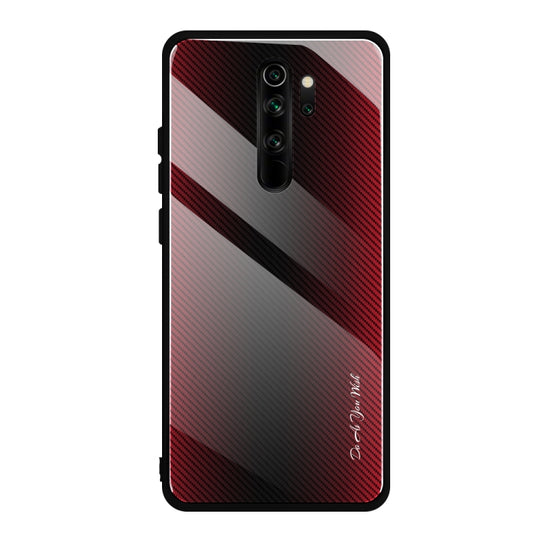 Red and black gradient glass phone case with carbon fiber texture and camera cutouts
