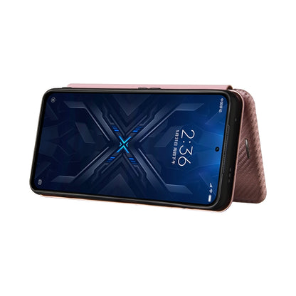 Pink magnetic flip phone case with carbon fiber texture, horizontal closed view
