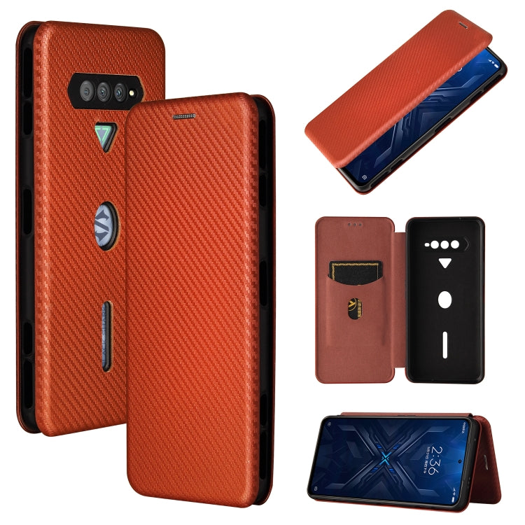 Magnetic flip phone case with carbon-fiber texture, card slot, brown/orange.