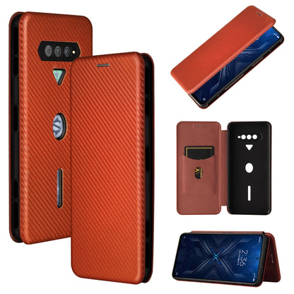 Magnetic flip phone case with carbon-fiber texture, card slot, brown/orange.