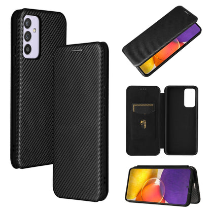 Magnetic flip phone case with carbon-fiber texture, card slot, black.