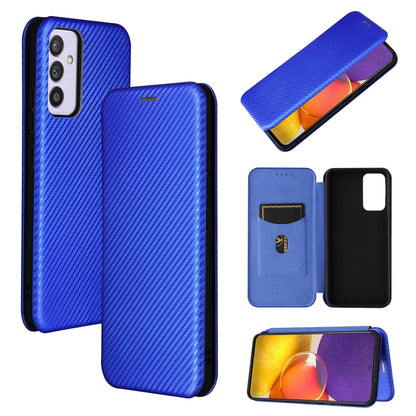 Magnetic flip phone case with carbon-fiber texture, card slot, blue.