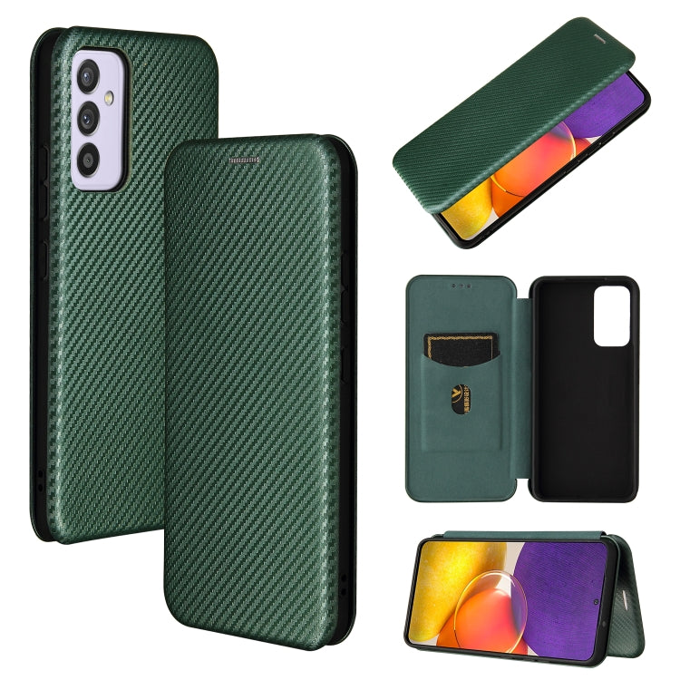 Magnetic flip phone case with carbon-fiber texture, card slot, green.