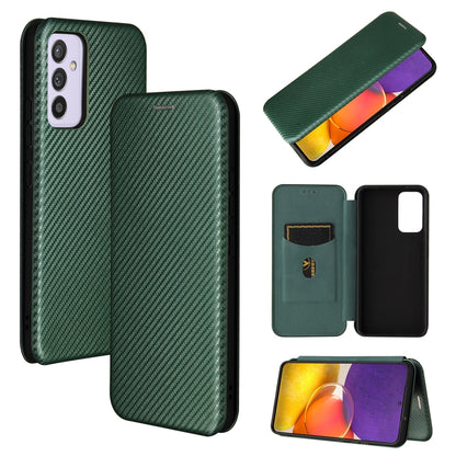 Magnetic flip phone case with carbon-fiber texture, card slot, green.