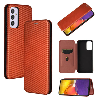 Magnetic flip phone case with carbon-fiber texture, card slot, rust-brown.