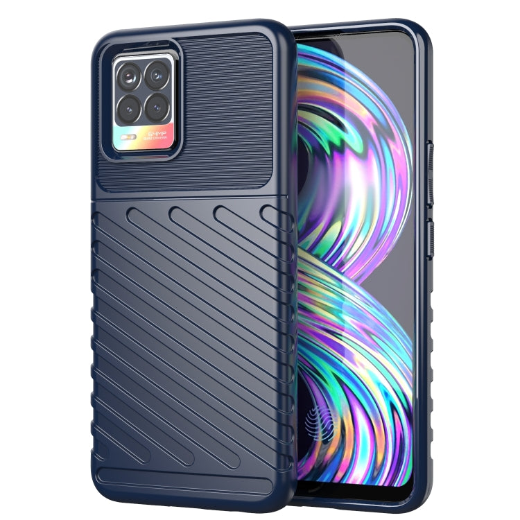 Blue TPU phone case with textured ridges, raised camera frame, and cutouts