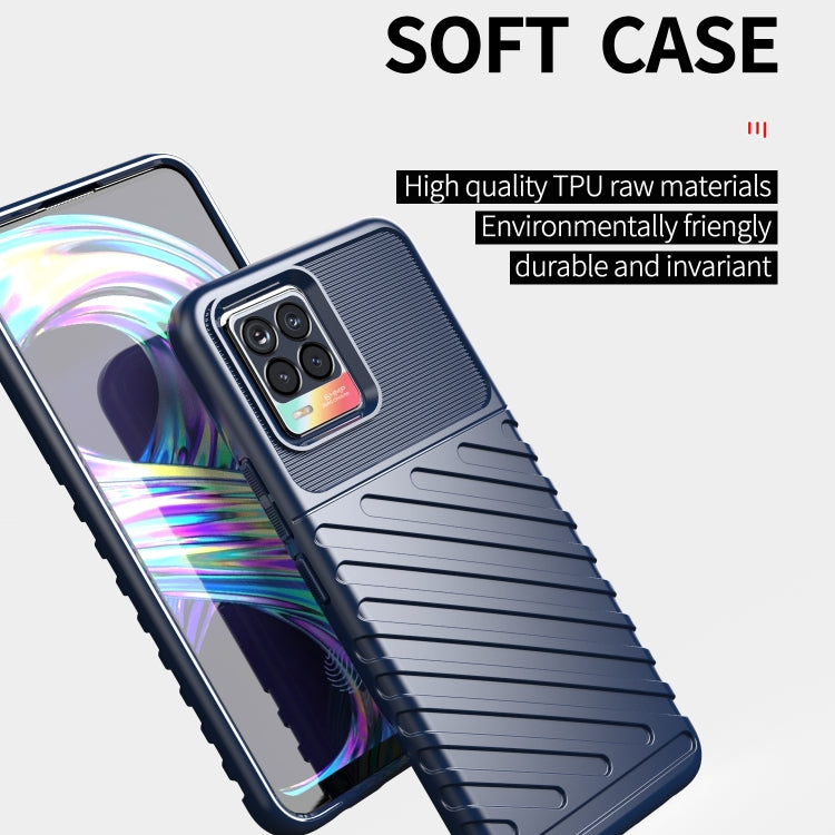 Navy TPU protective case with ribbed texture and camera openings, phone screen visible