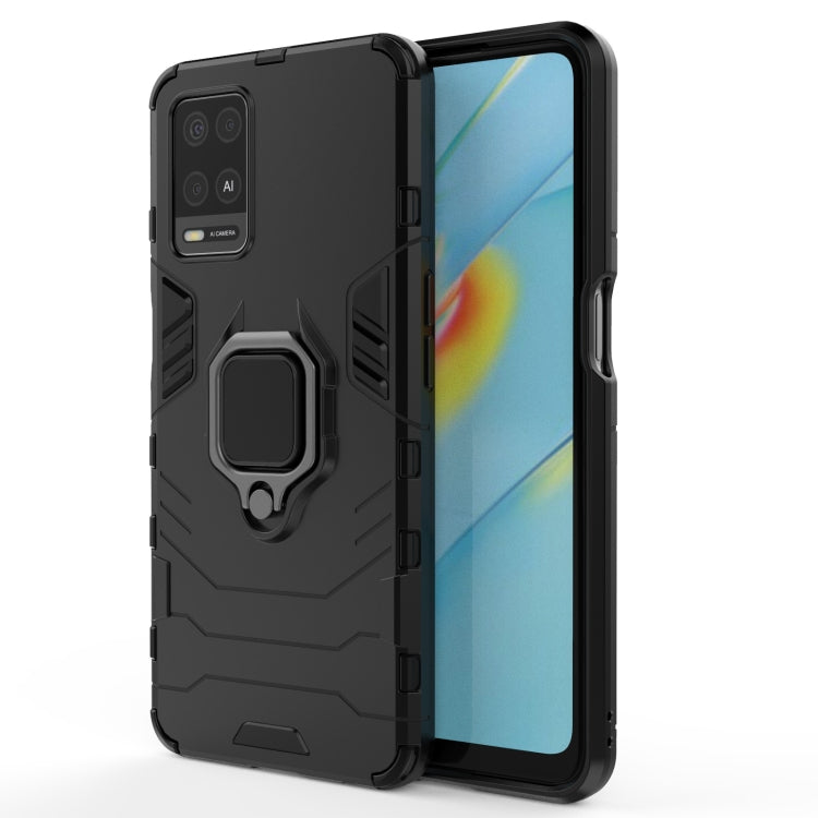 Shockproof phone case with magnetic ring holder, black rugged armor design.