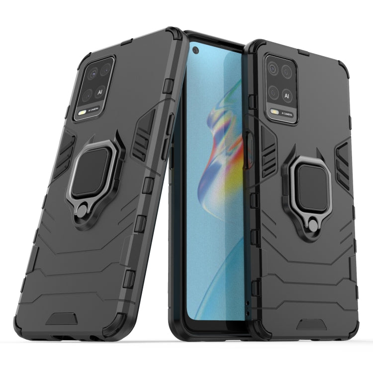 Shockproof phone case with magnetic ring holder, black rugged armor with cutouts.