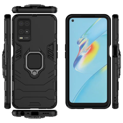 Shockproof phone case with magnetic ring holder, black with front and back views.