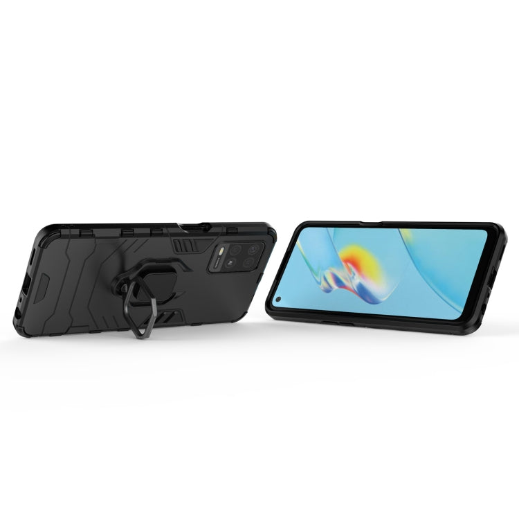 Shockproof phone case with magnetic ring holder, black rugged case with phone installed.