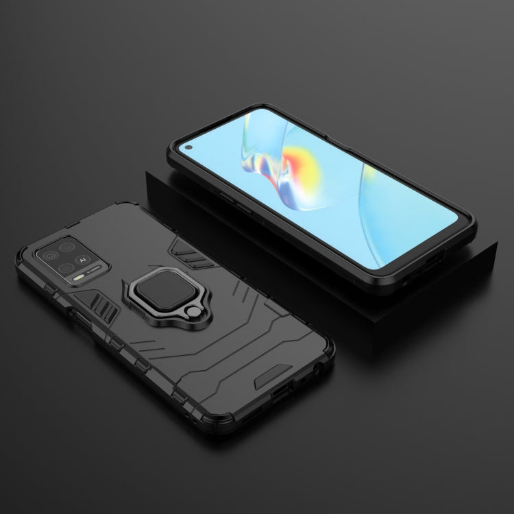 Shockproof phone case with magnetic ring holder, black rugged case with screen protection.