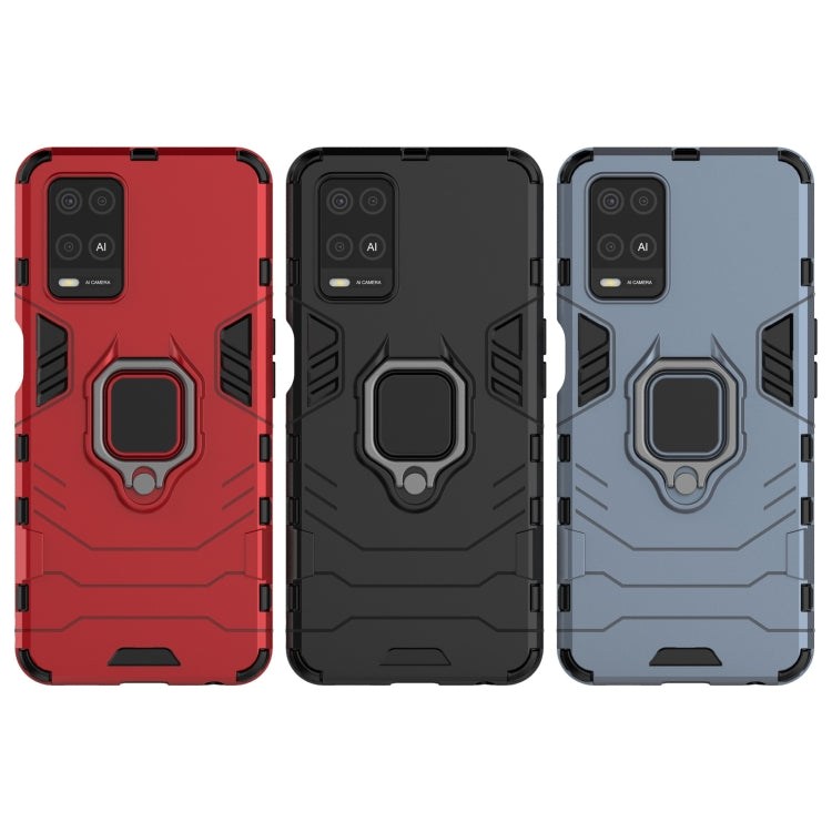 Shockproof phone case set with magnetic ring holder in red, black, and navy blue.