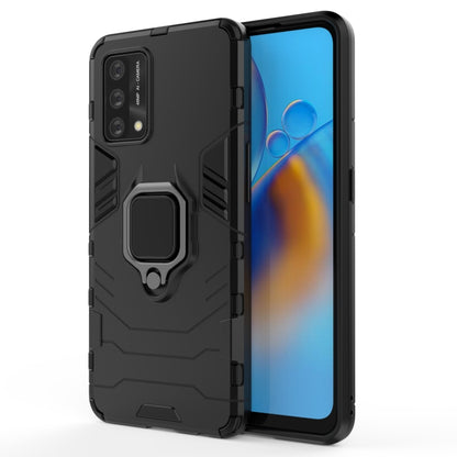Shockproof phone case with magnetic ring holder, black rugged armor with phone installed.