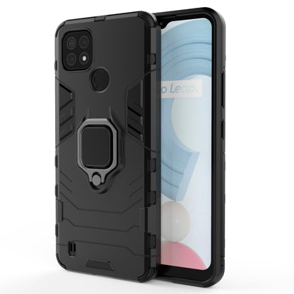 Shockproof phone case with magnetic ring holder, black rugged case with raised camera cover.