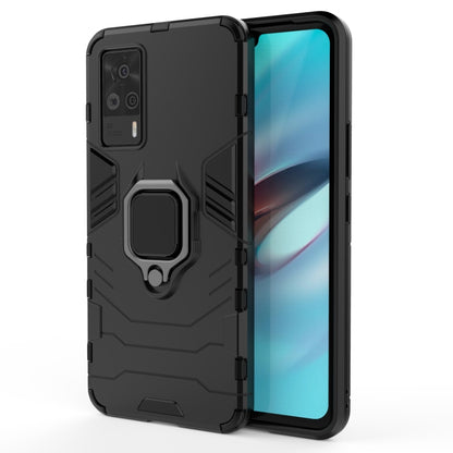 Shockproof phone case with magnetic ring holder, black rugged armor with phone installed.