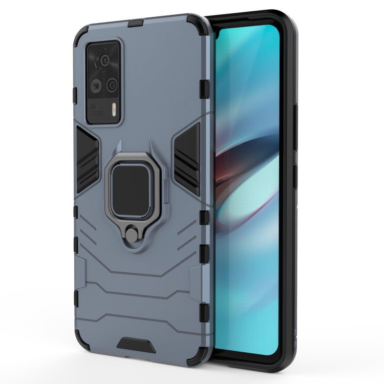 Navy blue shockproof phone case with magnetic ring holder and side grip panels