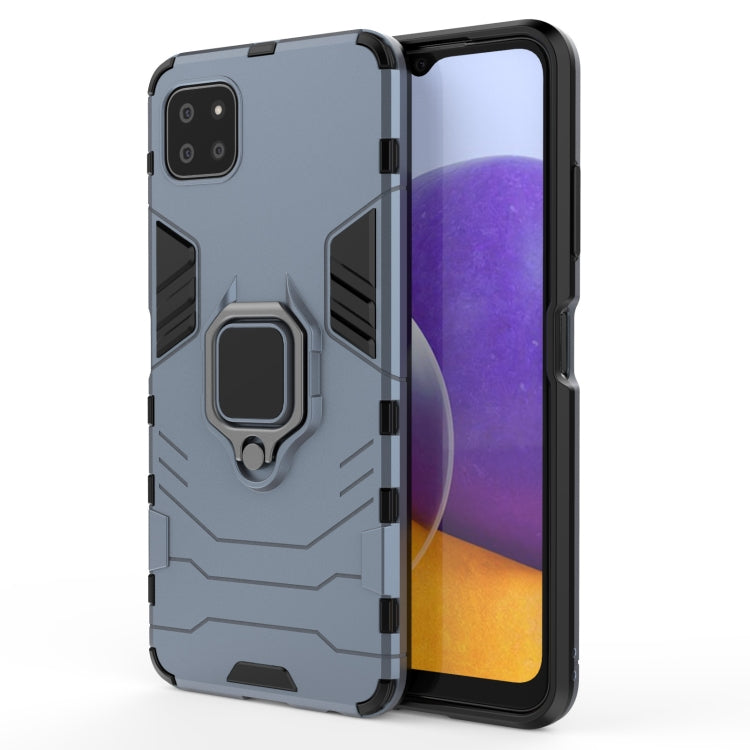 Navy blue shockproof phone case with magnetic ring holder and button cutouts