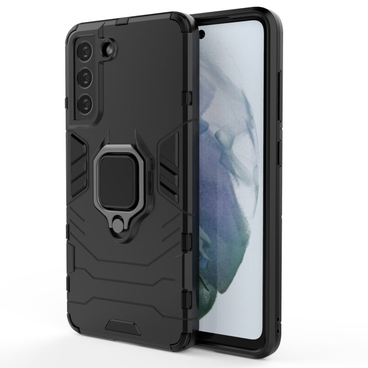 Shockproof phone case with magnetic ring holder, black rugged back and screen cover