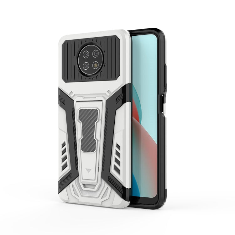 White rugged protective phone case with black armor-style camera cover and raised edges