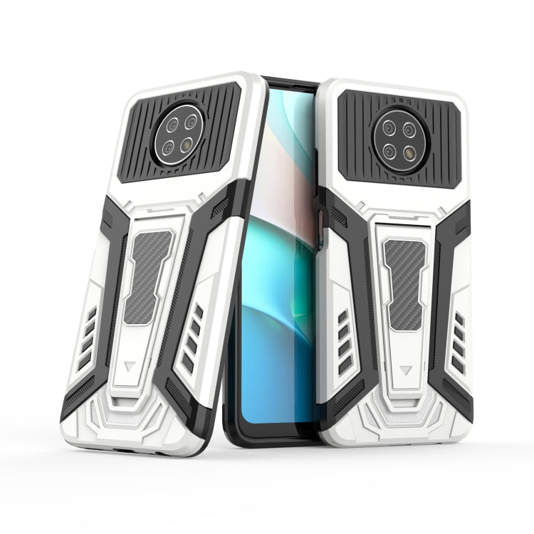 White rugged protective phone case with black armor panels, camera cover, and screen cutouts