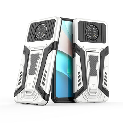 White rugged protective phone case with black armor panels, camera cover, and screen cutouts