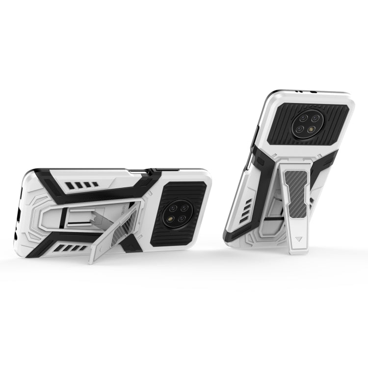 White rugged phone case with black camera cover and kickstand-style support for angled viewing