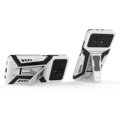 White rugged phone case with black camera cover and kickstand-style support for angled viewing