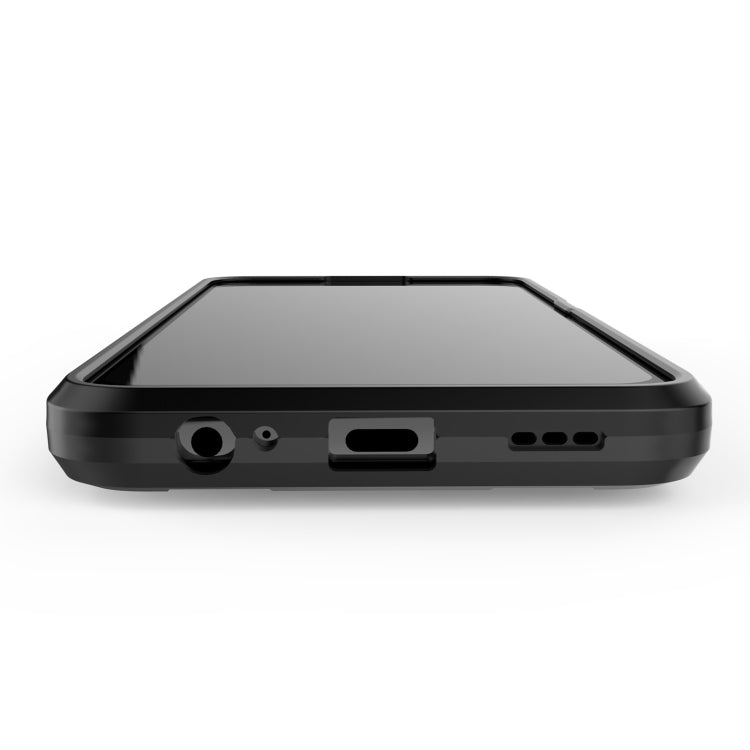 Black rugged protective phone case, side profile with button and port openings