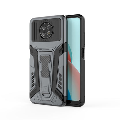 Grey rugged protective phone case with black armor-style camera cover and raised edges