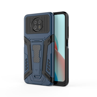 Blue rugged protective phone case with black armor-style camera cover and raised bezel