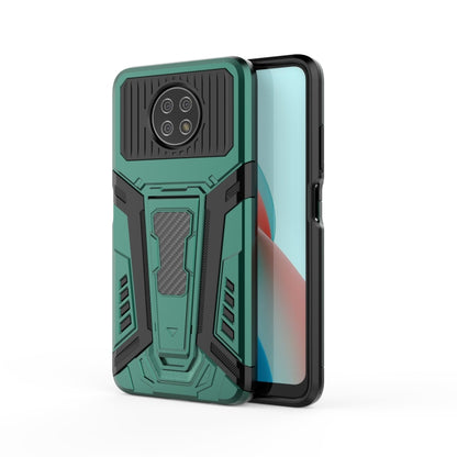 Green armored phone case with rugged kickstand-style holder and camera cutouts