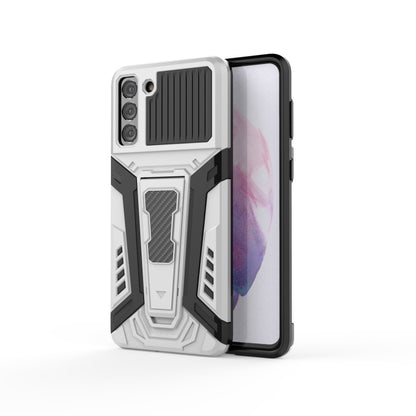 White armored phone case with rugged kickstand-style holder and camera cutouts