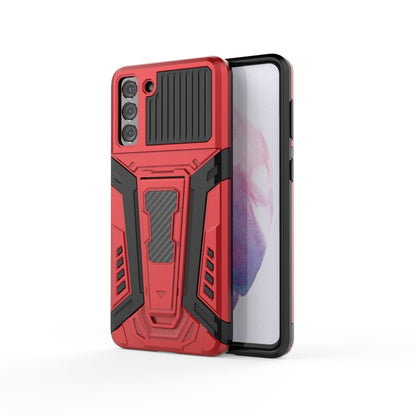 Red armored phone case with rugged kickstand-style holder and camera cutouts