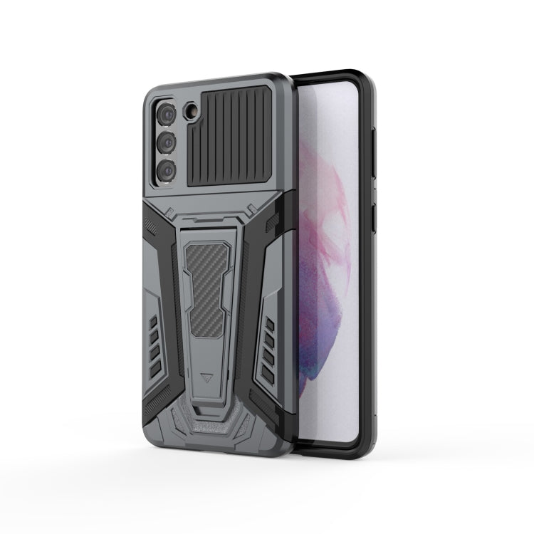 Grey armored phone case with rugged kickstand-style holder and camera cutouts