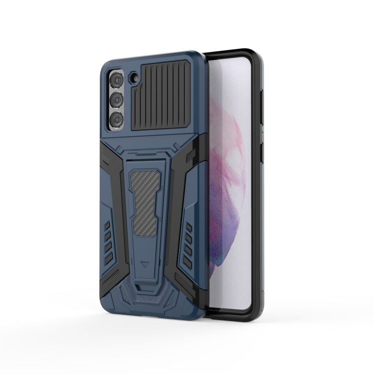 Blue armored phone case with rugged kickstand-style holder and camera cutouts