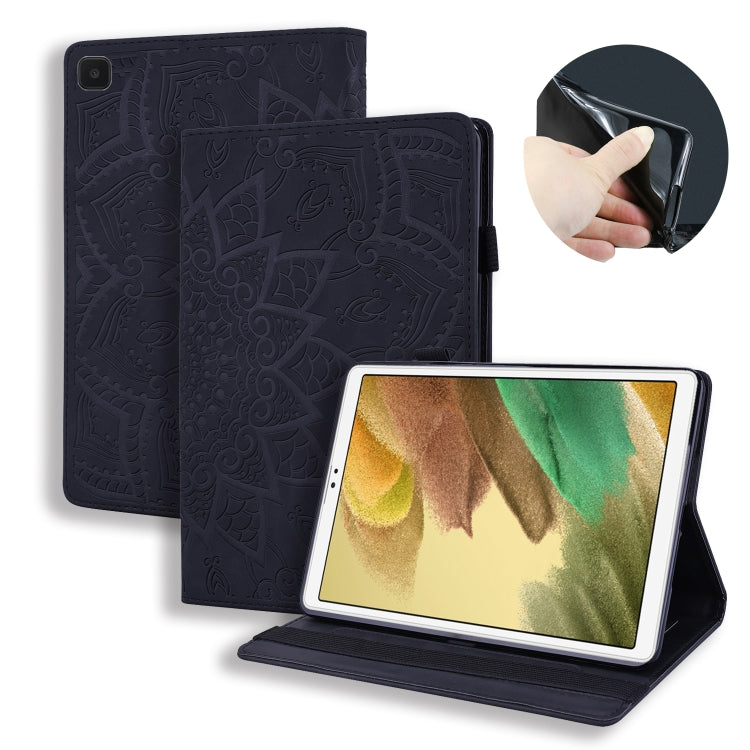 Black embossed leather tablet case with card slots, pen holder, and elastic band