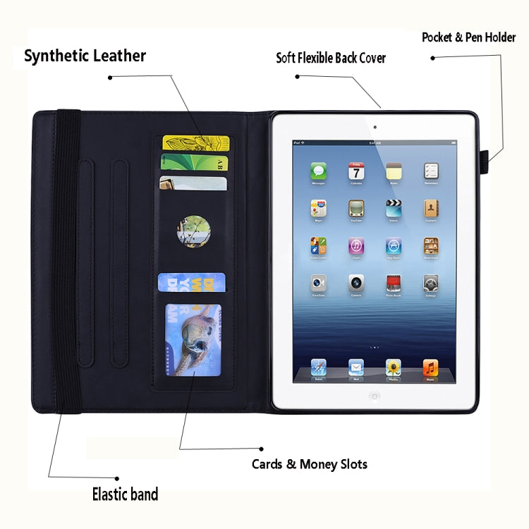 Black folio tablet case with card and money slots plus pen holder