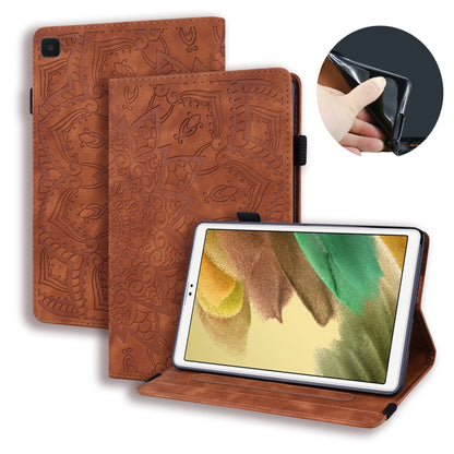 Brown embossed leather tablet case with card slots, pen holder, and elastic band