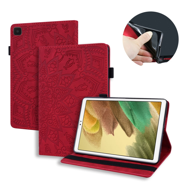 Red embossed leather tablet case with card slots and pen holder, elastic closure