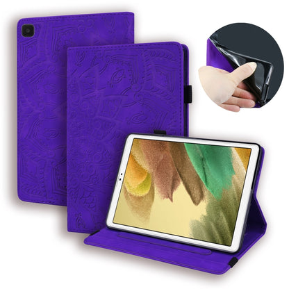 Purple embossed leather tablet case with card slots and pen holder, elastic band