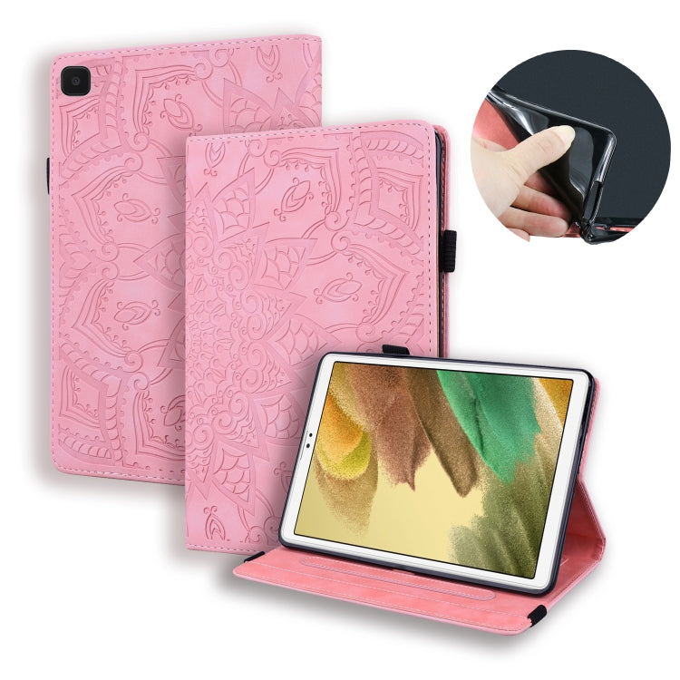 Pink embossed leather folio case with card slots and elastic band, tablet stand